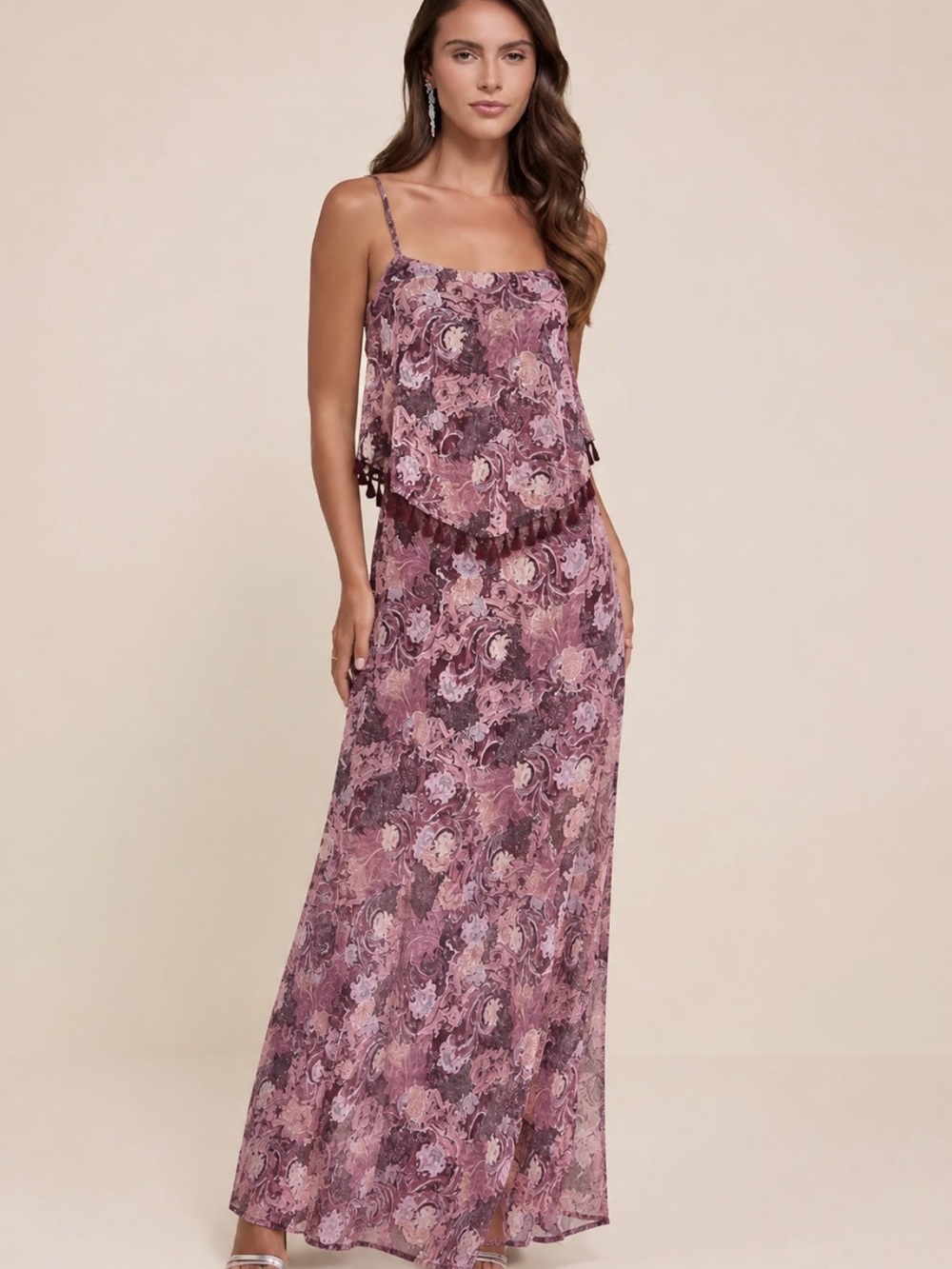 Indigo Thread Co Plum Pink Floral Pom Flounce Maxi Dress XS Quiet Luxury